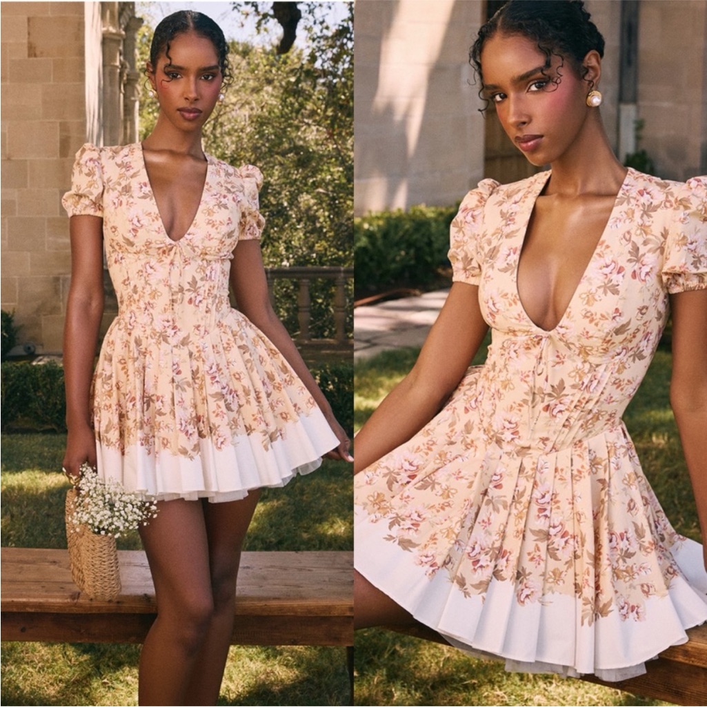 House Of Cb ‘Imani’ Honeyflower Print Pleated Cotton Mini Dress Nwt